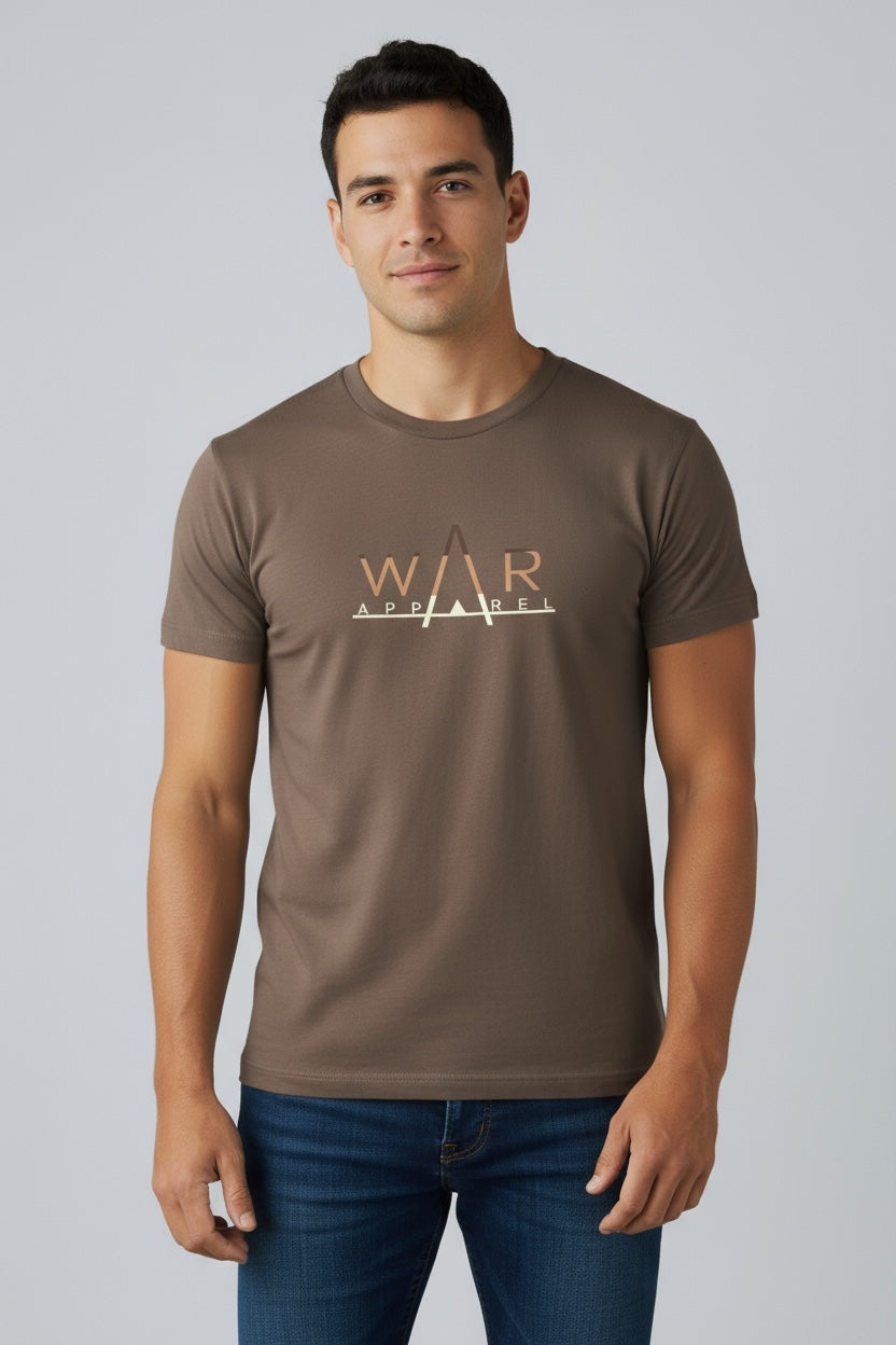 Man wearing a brown t-shirt with a 'WAR APPAREL' logo on a gray background
