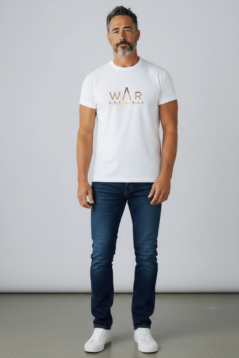 Man wearing a white t-shirt with a'WAR APPAREL'  logo and dark jeans on a plain background